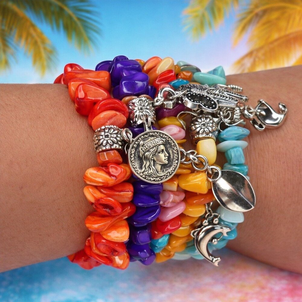 Handmade Colorful Shell Chip Stretch Bracelets With Silver Charms - Set Of 5 - Picture 2 of 3